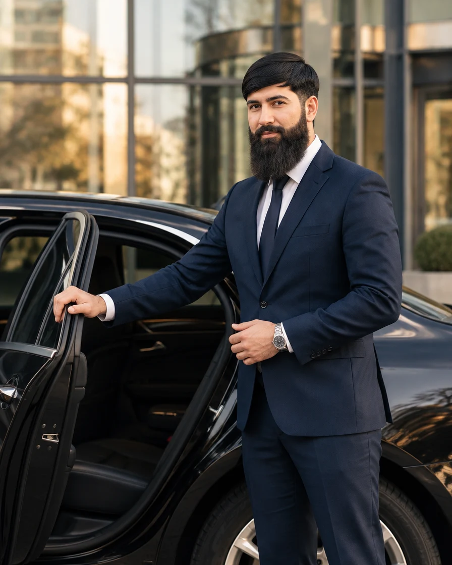 Chauffeur met donkere baard en donkerblauw pak, gebaseerd op het aangeleverde referentiebeeld