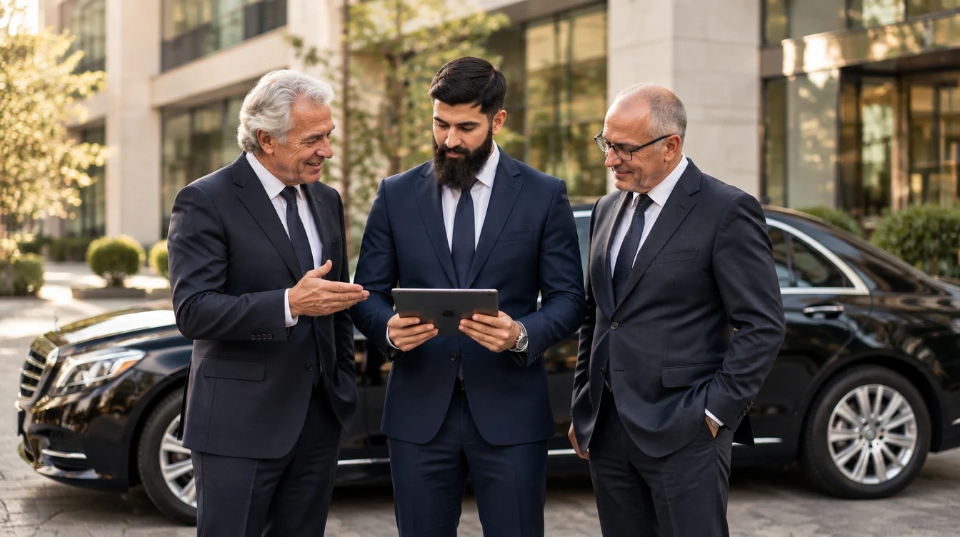 De bebaarde chauffeur bespreekt de planning met twee oudere collega-chauffeurs