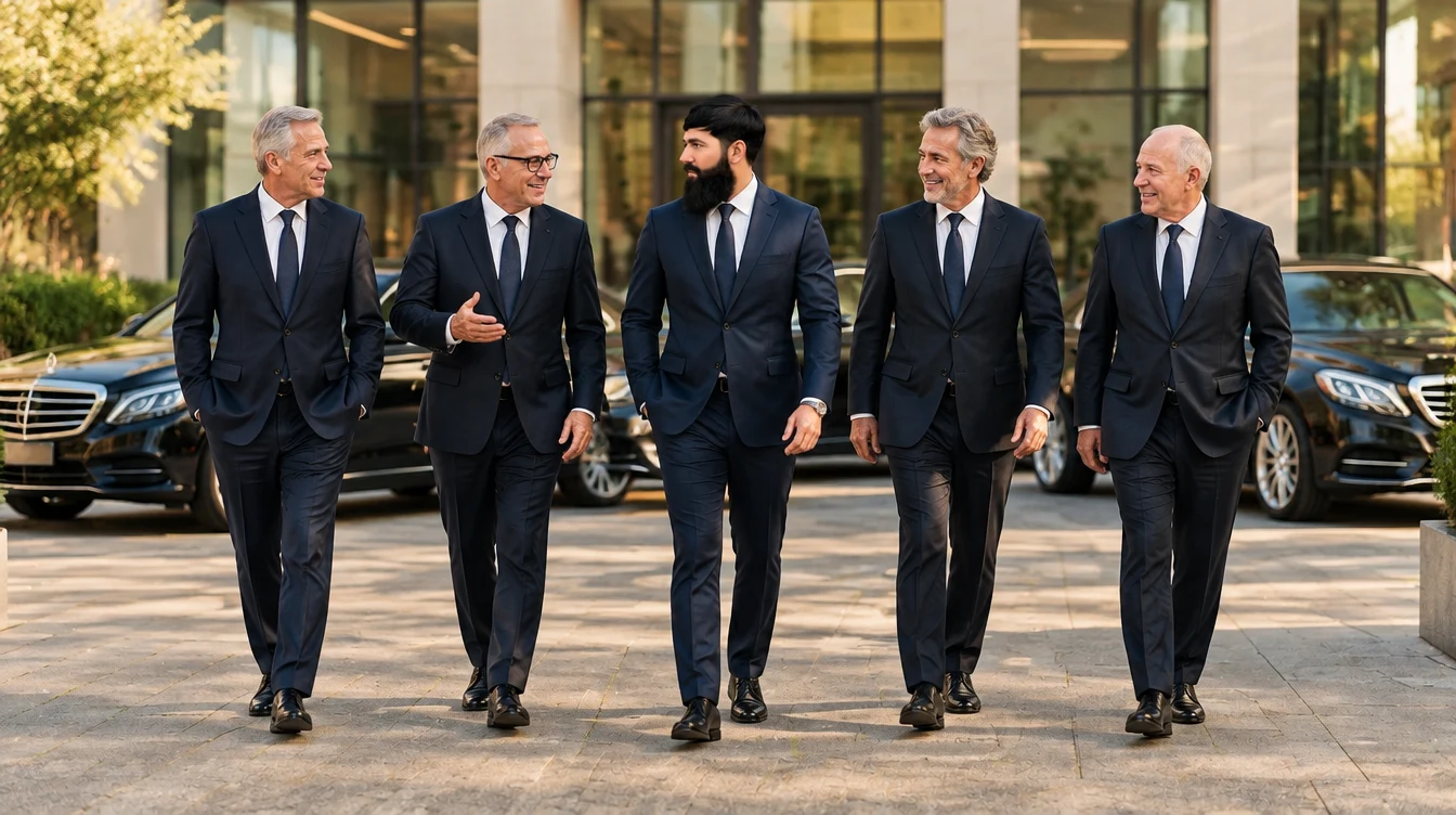 Een team van chauffeurs loopt samen naar buiten, met de bebaarde chauffeur in het midden