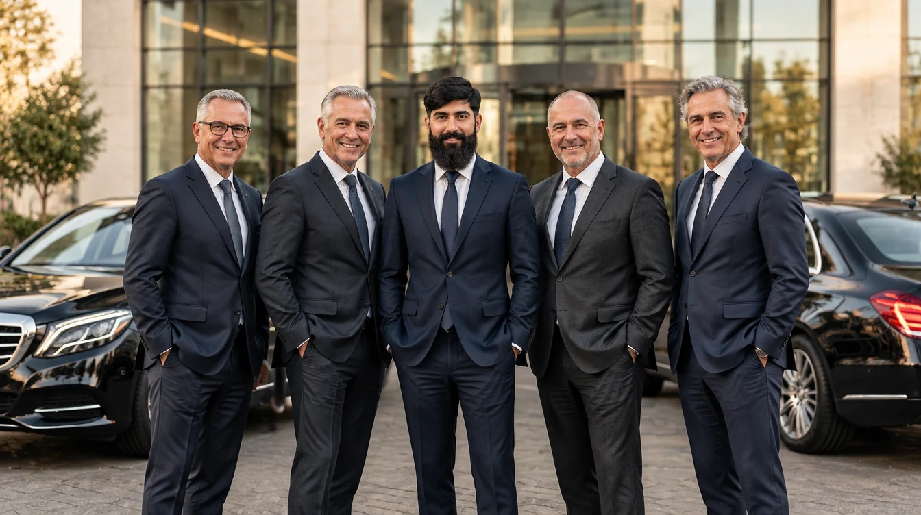 Team van vijf chauffeurs, met de bebaarde chauffeur centraal tussen oudere collega’s